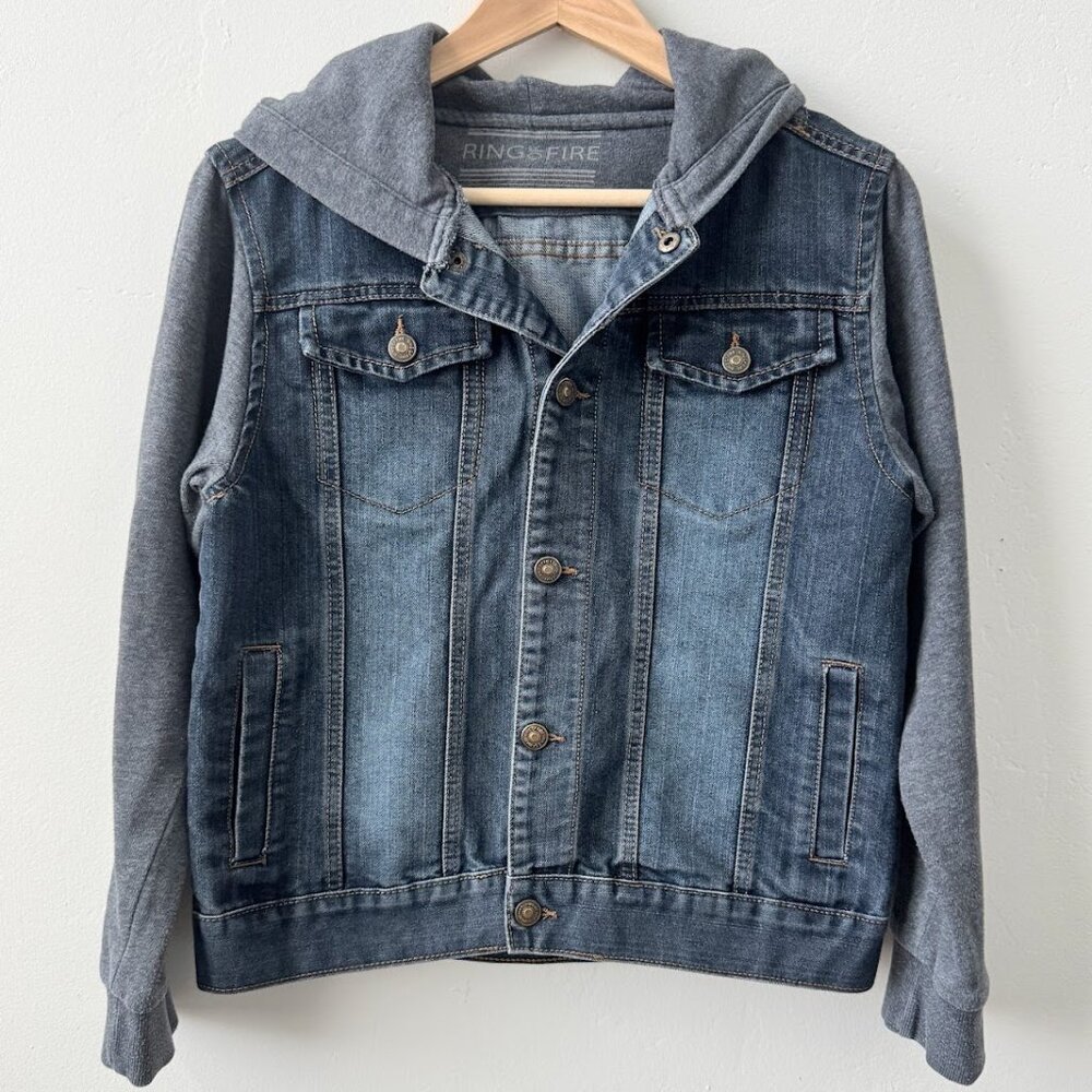 Ring of Fire Denim Jacket Hoodie Youth XL Blue Trucker Style Unisex